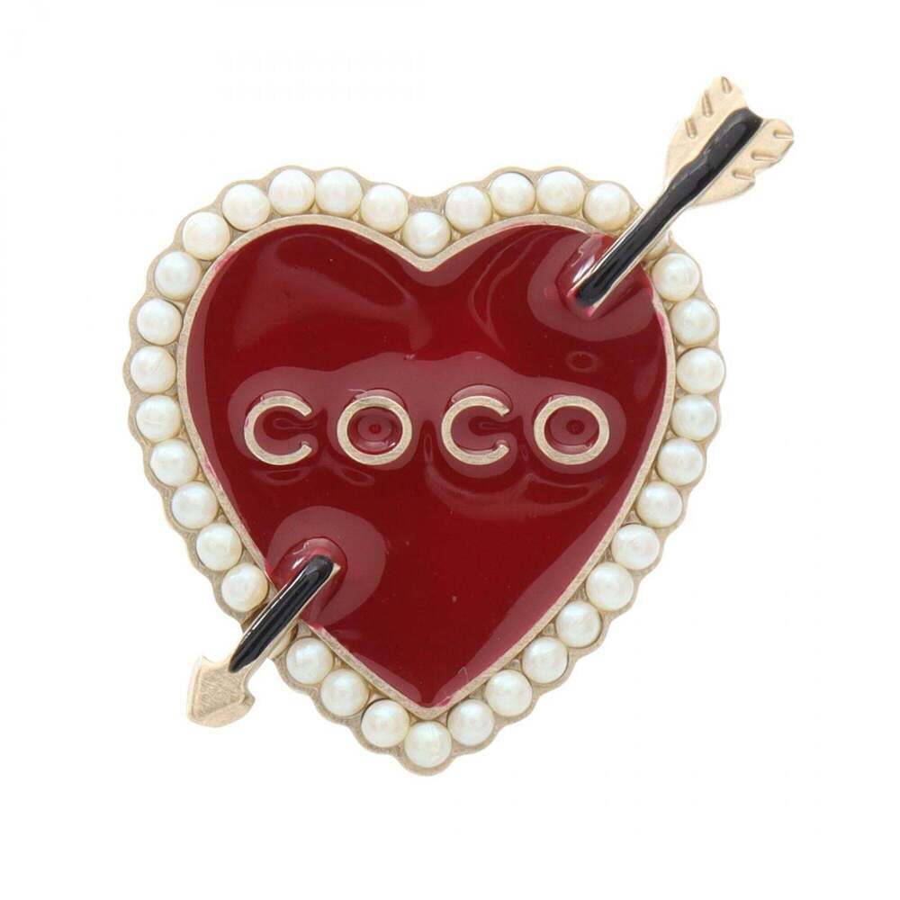 CHANEL Red Pearl Heart Brooch